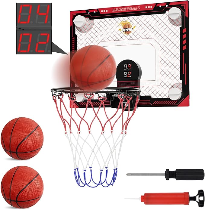 CYFIE Suction Cup Basketball Hoop, Indoor Mini Basketball Hoop with Sturdy Backboard/Electronic Scoreboard, Sound, 3 Balls, Basketball Toys Gifts Ideas for Kids Teens Girls Boys Gifts