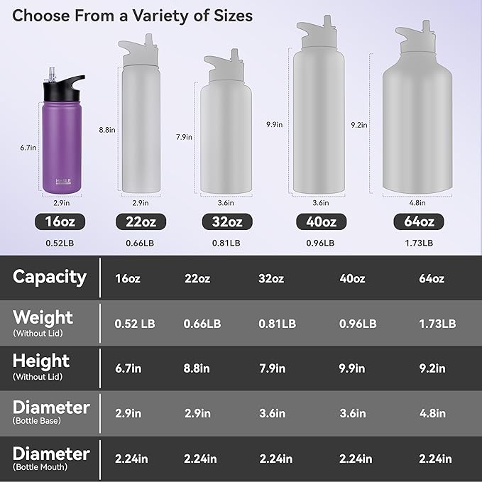 HASLE OUTFITTERS Insulated Water Bottle Kids 16 oz Double Wall Vacuum Stainless Steel Water Bottle Leak Proof for School Wide Mouth with Straw Lid & Spout Lid Keeps Cold and Hot(Purple,1pack)