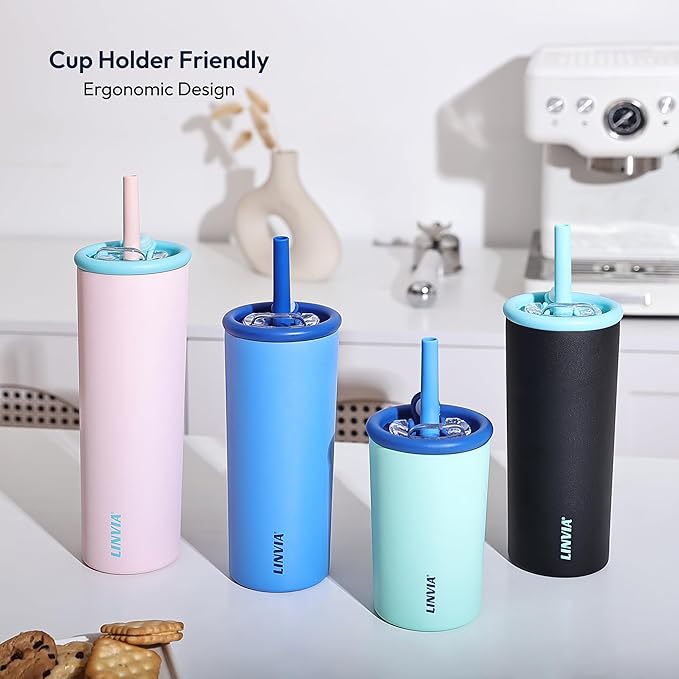 Candy Tumbler, 25 oz Kids Insulated Stainless Steel Water Bottle with Spill Resistant Silicone-Metal Straw and 2-in-1 Lid, BPA-Free, Cup Holder Friendly, Dishwasher Safe, Avocado Green