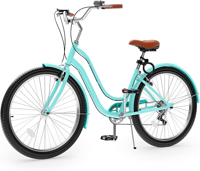 YITAHOME 24 & 26 Inch Beach Cruiser Bike, 7 Speed & Single Speed Commute Bike, Step-Through Bicycle for Adult Women & Men, Steel Frame Cruiser Bike with Full Front & Rear Fenders