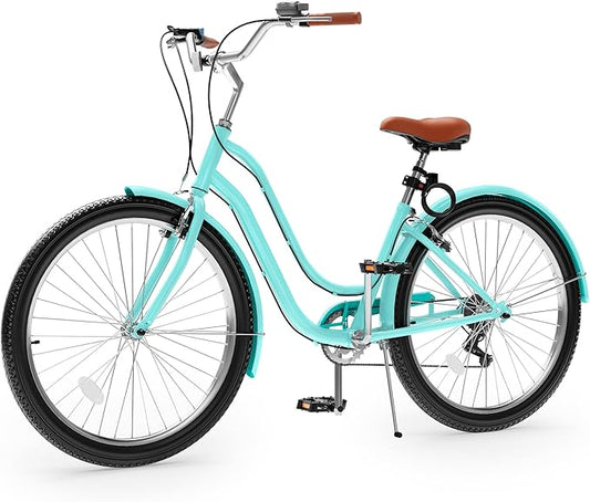 YITAHOME 24 & 26 Inch Beach Cruiser Bike, 7 Speed & Single Speed Commute Bike, Step-Through Bicycle for Adult Women & Men, Steel Frame Cruiser Bike with Full Front & Rear Fenders