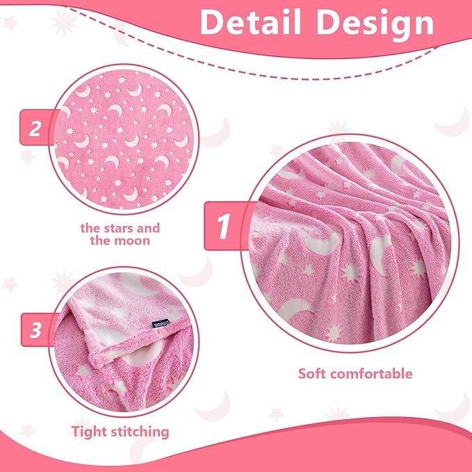 QSTEHEML Pink Moon Glow in The Dark Blanket,Star Gifts Toys for Kids Girls Birthday Christmas Bedroom Decor for Age 3-12 Years Old Toddler Teens Child Daughter Soft Luminous Blanket，50"×60"