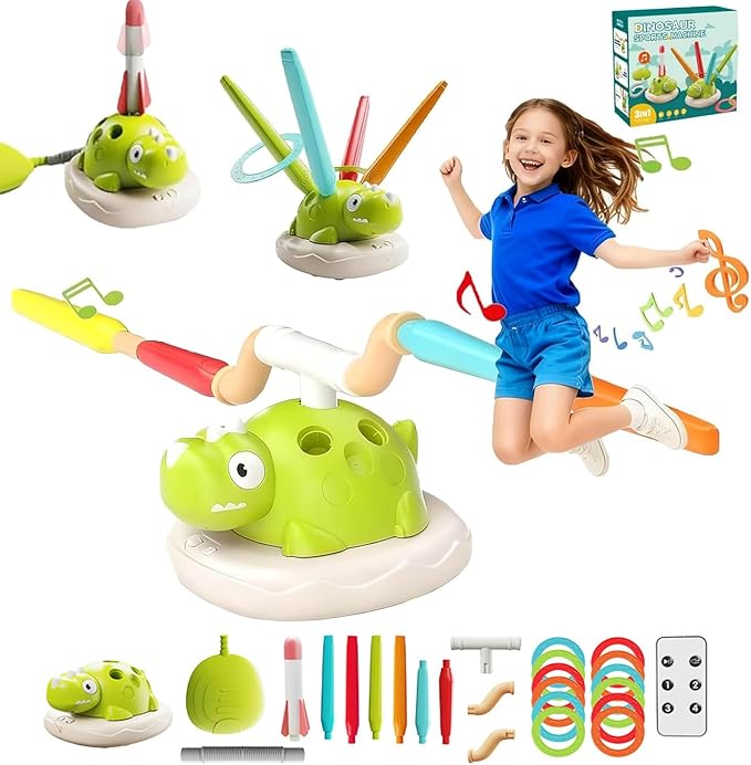 3 in 1 Dinosaur Rocket Launcher, Spinning Dinosaur Toy with Remote Control, Musical Jump and Toss, Indoor & Outdoor Sports Toys