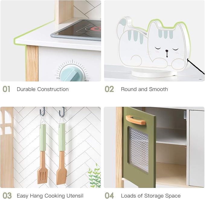 ROBUD Kids Kitchen Playset, Montessori Wooden Play Kitchen, Realistic Pretend Play Kitchen for Kids Girls Boys, Toy Kitchen Set for Toddlers