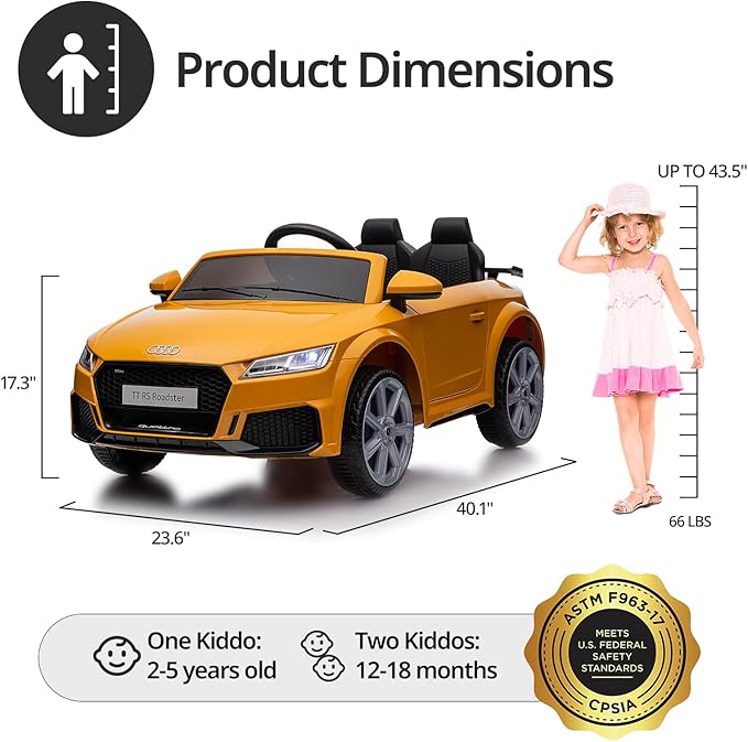 Licensed Audi Electric Kids Car, 12V Kids Ride-on Toy Car for Toddlers w/Remote - Yellow