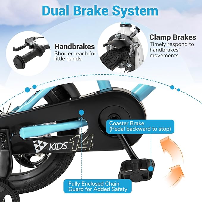 COSTWAY 12/14/16/18 Inch Kids Bike, Children Toddler Bicycle with Training Wheels, Adjustable Seat & Handlebar, Handbrake & Coaster Brake, Reflectors, Bell, Suitable for 3-8 Years Old Boys Girls