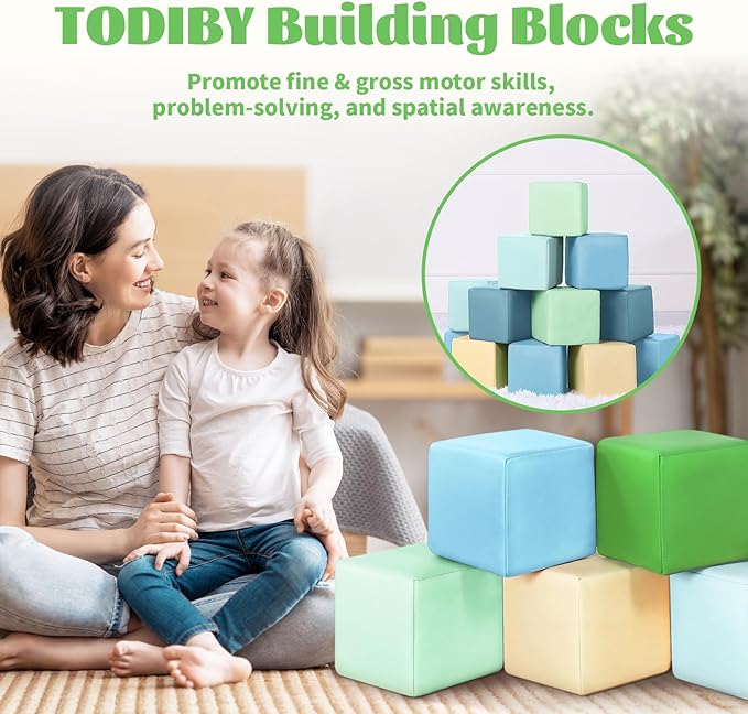 Foam Building Blocks for Toddlers：12-Pieces Wipeable Leather Stacking Cubes Kids - Large Soft Toys Play Set for Learning Construction Baby Preschool Daycare Therapy Birthday Gift (Yellow Green)
