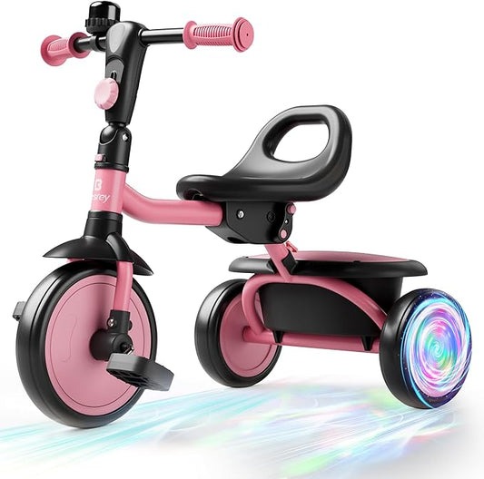 besrey Colorful Lighting Toddler Tricycle for Ages 18 Months to 5 Years, Toddler Bike with Bell, Kids Tricycle, Gift for 2-5 Year Olds, Toy for Boys and Girls, Tricycle for Toddlers, Pink