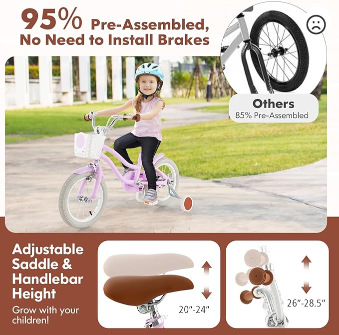 COSTWAY Kids Bike, 12 14 16 18 Inch Toddler Bike Children Bicycle w/Training Wheels, Hand & Coaster Brakes, Adjustable Saddle & Handlebar, Basket, Bell, Kids Bicycle for Girls Boys Aged 3-8 Years Old