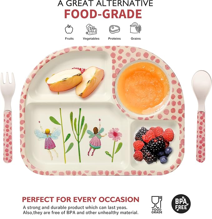 shopwithgreen 7Pcs/Set Bamboo Kids Dinnerware Set - Children Dishes - Food Plate Bowl Cup Spoon Fork Set Dishware, Cartoon Tableware, Dishwasher Safe Kids Healthy Mealtime, BPA Free