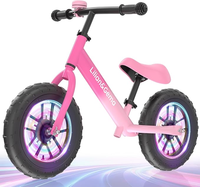 Lilian&Gema Toddler Balance Bike Colorful Lighting, 12'' Kids Balance Bike for 2-5 Years Old with Adjustable Seat & Handlebar, Toddler Gift Bike Suitable for Boys and Girls Ages 2 3 4 5