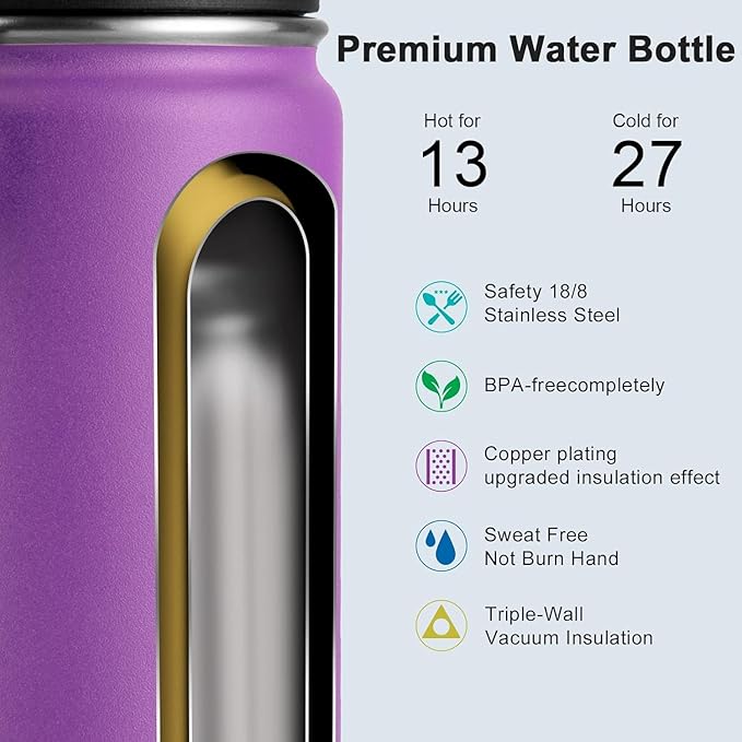 koodee Kids Water Bottle-16 oz Stainless Steel Double Wall Vacuum Insulated Water Bottle for School, Reusable Wide Mouth Sports Water Flask with Leakproof Spout Lid-BPA Free(Purple)