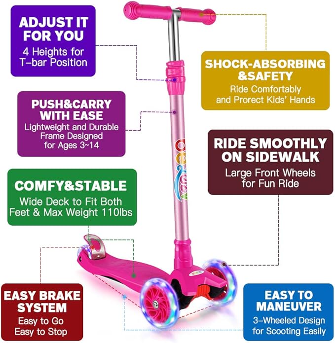 BELEEV Scooters for Kids 3 Wheel Kick Scooter for Toddlers Girls Boys, 4 Adjustable Height, Lean to Steer, Light up Wheels, Extra-Wide Deck, Easy to Assemble for Children Ages 3-12 (Rose Pink)