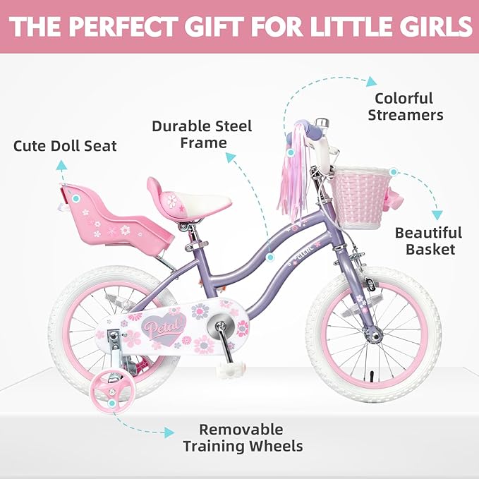 Glerc Petal Girls Bike, 12-18 Inch Kids Bike for Ages 2-9 Years Old Children, Princess Style Kids Bicycle with Training Wheels & Basket & Streamers, Multiple Colors