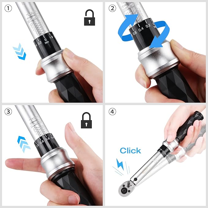 Bike Torque Wrench Set 1/4" Drive Click 1-25 Nm - Bicycle Maintenance Tool Kit for Road/Mountain Bikes - Includes Allen, Torx, Philip, Extended H5 Socket Bit Repair Set, Extension Bar & Storage Box