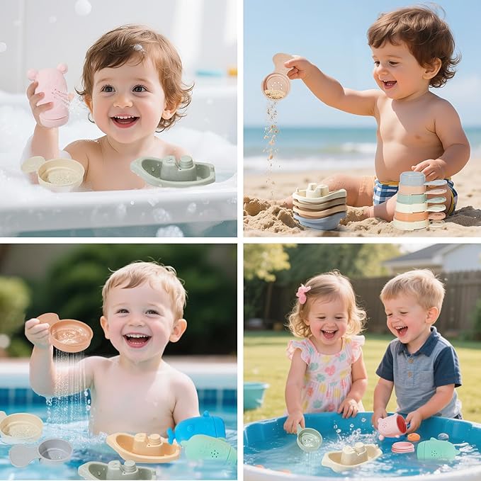 Baby Bath Toys for Kids Ages 1-3, 15 PCS Mold Free Bath Toys for Toddlers 2-4 Bathtub Water Table Pool Toys, Silicone Bath Toy and Bath Boats Spoons, Christmas Stocking Stuffers for Babies & Toddlers