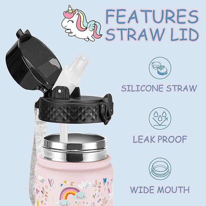 GOPPUS Kids Water Bottle (Straw Lid) - 14 Oz Stainless Steel Travel Bottle, Double Wall Vacuum Leak Proof Kids Cup for School Boys Girls,Unicorn Fields