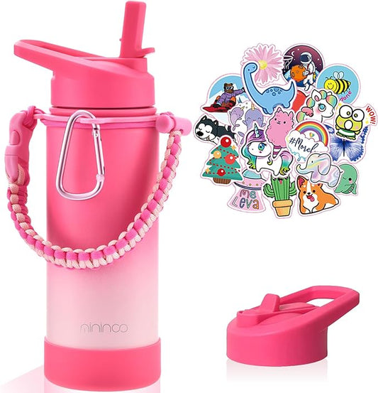 Mininoo Kids Water Bottle, Girls Water Bottle for School, 16oz Metal Stainless Steel Water Bottle Kids with Straw Lid（Sweat Peach）