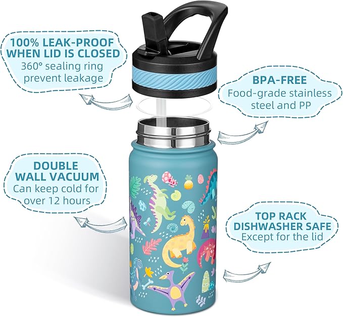 Fanhaw 14 Oz Kids Insulated Water Bottle with Straw - Stainless Steel Double Wall Vacuum Cup, Leakproof, BPA Free, Suitable for Boys and Girls(Cyan - Dinasours World)