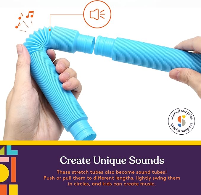Special Supplies Fun Pull and Stretch Tubes for Kids - Pop, Bend, Build, and Connect Toy, Provide Tactile and Auditory Sensory Play, Colorful, Heavy-Duty Plastic (30-Pack Primary Colors)