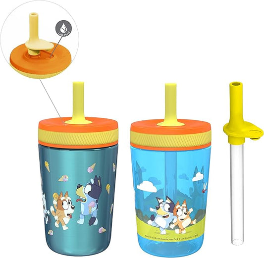 Zak Designs Bluey Kelso Tumbler Set, Leak-Proof Screw-On Lid with Straw, Bundle for Kids Includes Plastic and Stainless Steel Cups with Bonus Sipper, 3pc Set