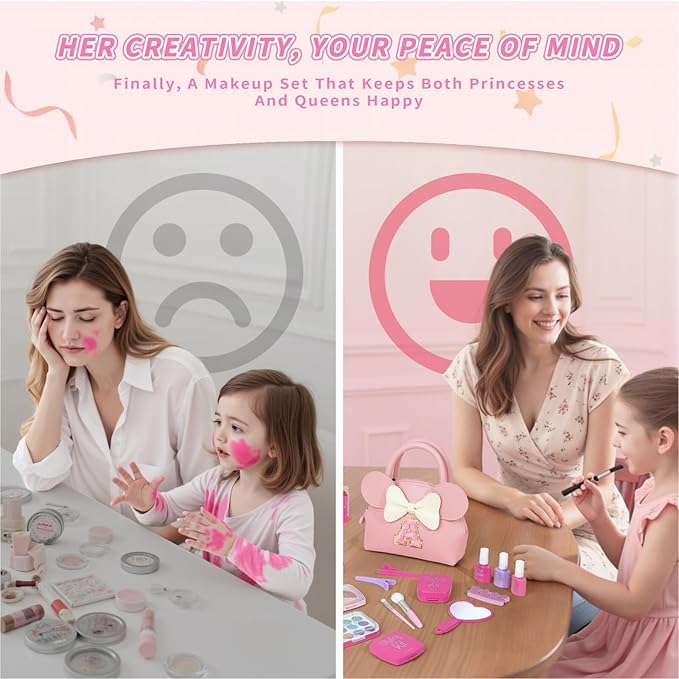 Pretend Makeup Kit for Toddlers Kids- 21Pcs Make Up Toys with Initial Toddler Purse - Birthday Gifts for 3 4 5 Years Old Girls Vanity Set Christmas Birthday Gift Pink D