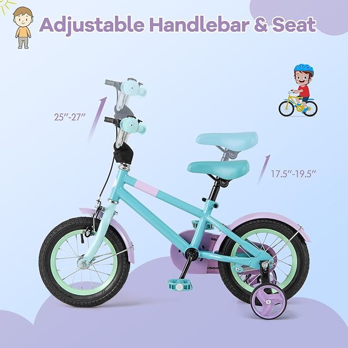 BABY JOY Colorful Macarons Kids Bike, 12 14 16 18 Inch Sporty Children's Bicycle with Training Wheels, Adjustable Handlebar & Saddle, Handbrake & Coaster Brake, Boys Girls Bike for 3-8 Years Old