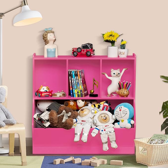 Lerliuo Kids Toy Storage Organizer, Children Small Bookcase and Bookshelf, Toddler 4 Cubby Toy Storage Cabinet, Toy Shelf for Playroom, Bedroom, Living Room, Nursery, School 29.53'' H (Pink)