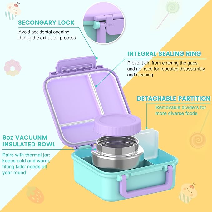 Bento Lunch Box for Kids with 9oz Thermo, Leak-proof Lunch Containers with 3 Compartments,Kids-friendly Size,Durable/Dishwasher Safe Lunch Box for School Outdoors-Purple-blue