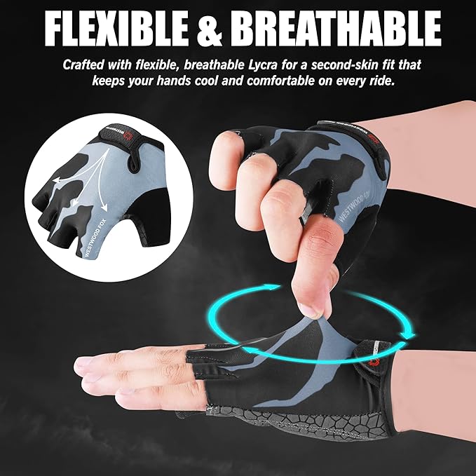 Cycling Gloves Half Finger Unisex Padded Grips Palm Bicycle Summer MTB Bike Gloves for Men Women Non-Slip Fingerless Short Mountain Bike Sports Hiking Climbing Gym