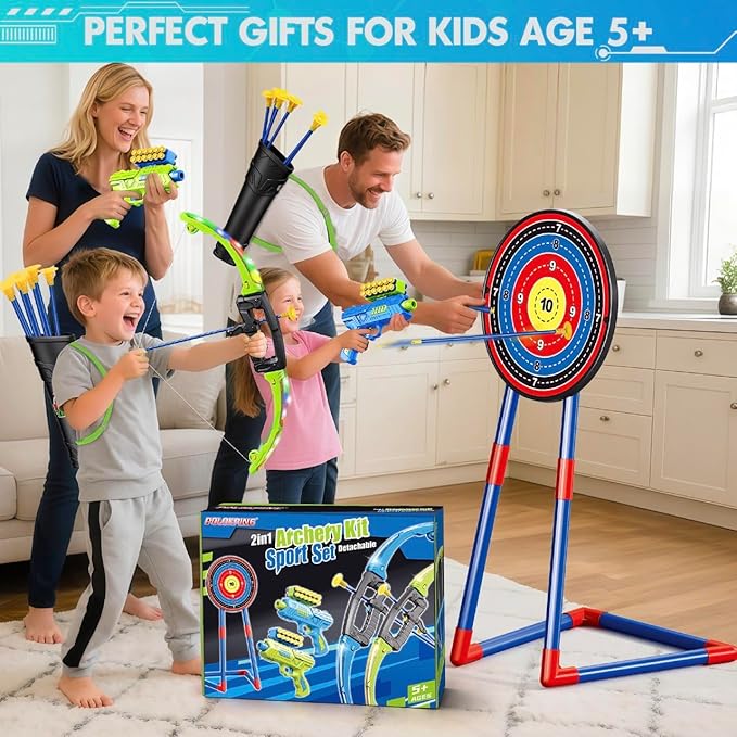 2 Pack Bow and Arrow Toy for 5 6 7 8 9 10+ Year Old Boys,Iddeal Gift for Kids,Indoor Outdoor Shooting Game Toy for Ages 4-8 8-12, LED Light Up Archery Set with 12 Suction Cup Arrows