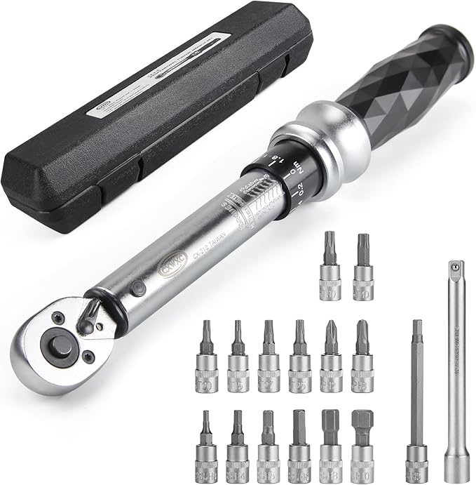 Bike Torque Wrench Set 1/4" Drive Click 1-25 Nm - Bicycle Maintenance Tool Kit for Road/Mountain Bikes - Includes Allen, Torx, Philip, Extended H5 Socket Bit Repair Set, Extension Bar & Storage Box