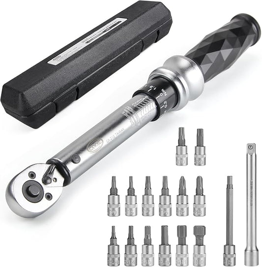 Bike Torque Wrench Set 1/4" Drive Click 1-25 Nm - Bicycle Maintenance Tool Kit for Road/Mountain Bikes - Includes Allen, Torx, Philip, Extended H5 Socket Bit Repair Set, Extension Bar & Storage Box
