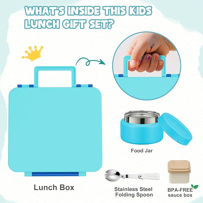 Kids Bento Lunch Box with 8oz Soup Thermo, Kids Leakproof Lunch Food Containers with 4 Compartment,Insulated Hot Food Jar with Lunch Bag for School, Travel (Blue-No lunch bag)
