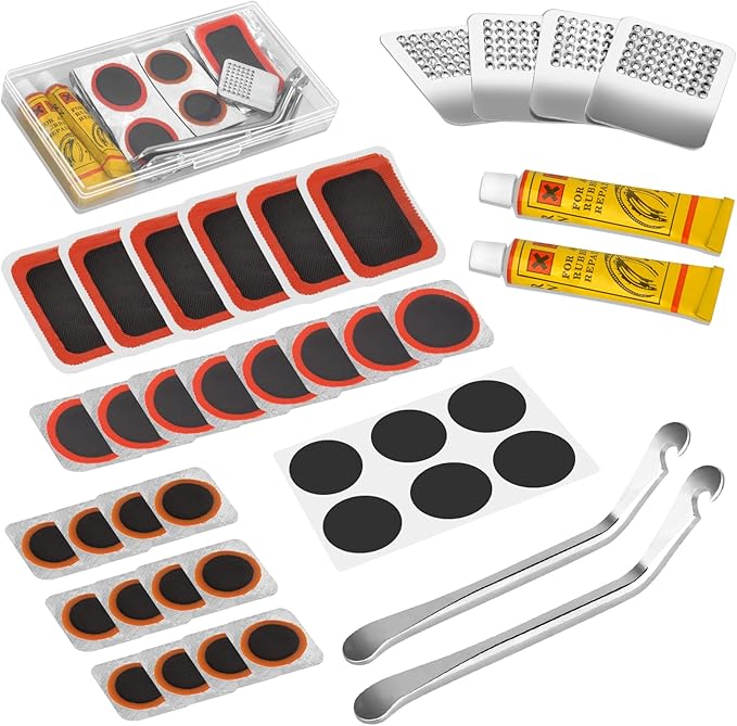 Bike Tire Repair Kit - Bycicle Inner Tube Puncture Patch Kits with 39PCS Vulcanizing Patches,Metal Rasp,Tire Lever
