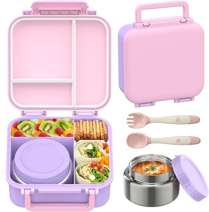 Bento Lunch Box for Kids with 9oz Thermo, Leak-proof Lunch Containers with 3 Compartments,Kids-friendly Size,Durable/Dishwasher Safe Lunch Box for School Outdoors Purple-Pink