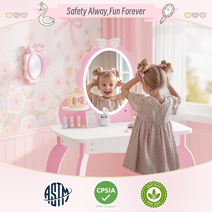 MU Kids Vanity Set with Lighted Mirror and Stool, Kids Makeup Vanity Desk with Storage Space, Bow Pattern for Little Girls, Toddler Princess Makeup Dressing Table with Chair Set, Pink