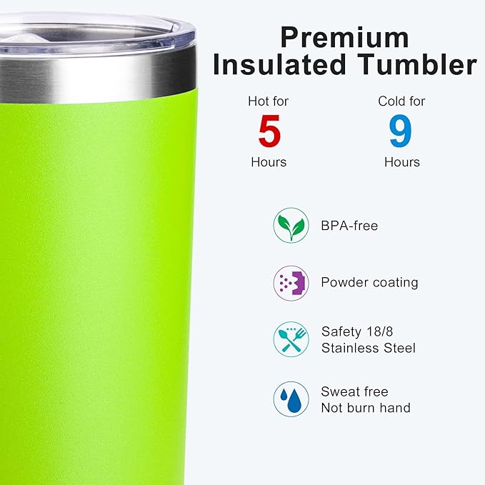 koodee Kids Tumbler with Straw-12 oz Skinny Tumbler Stainless Steel Double Wall Vacuum Insulated Cup with Spill Proof Lid, Sweat-Free(Apple Green)