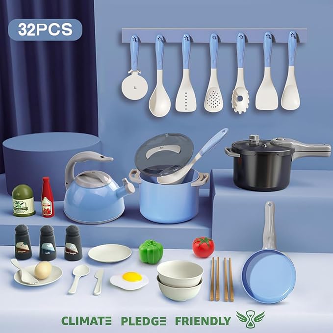 Bruvoalon 32Pcs Kids Play Kitchen Toys Set, Toddlers Pretend Cooking Playset Acccessories with Pots Pans, Utensils Cookware, Foods, Canned Veges, Learning Gift for Kids Girls Boys (Blue)