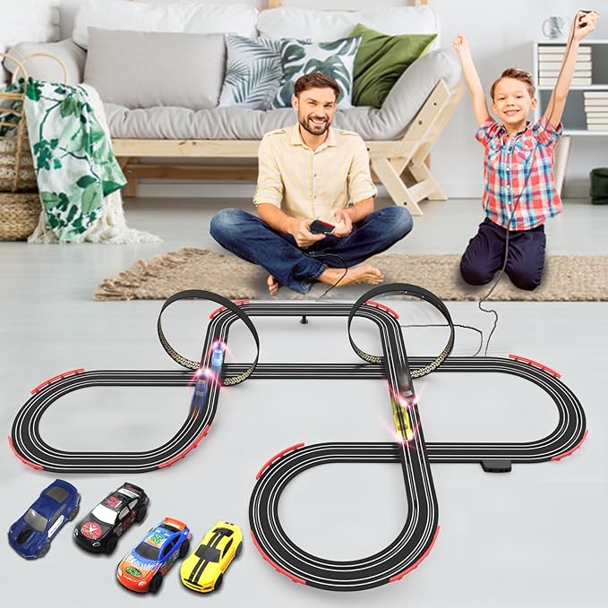 Slot Racing Car Track for Kids 28Ft Electric Powered Race Tracks Sets for Boys and Kids,Dual Racing with 4 High Speed Cars and 2 Hand Controllers, Gift Toys for Children 6,7,8 Years Old