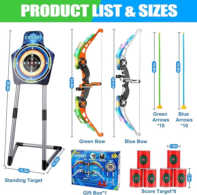 2 Pack Kids Bow and Arrow Set, LED Light Up Archery Set with 20 Suction Cup Arrows, Indoor Outdoor Sport Games for Kids Ages 4-8 8-12, Birthday Gifts Toys for 4 5 6 7 8 9 10 11 12 Year Old Boys Girls