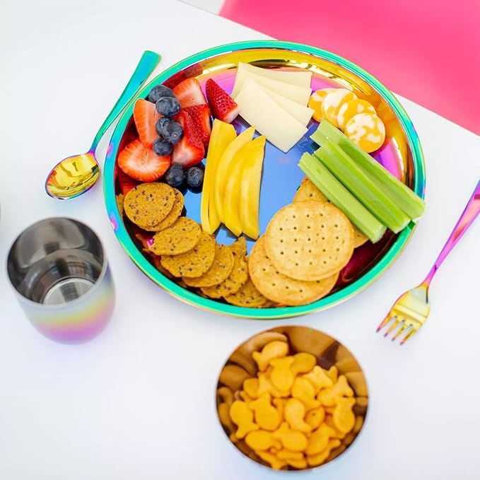 Ahimsa Stainless Steel Kids Plates, 9" Colorful Stainless Steel Plate, Pediatrician Designed & Non Toxic, Unbreakable, Dishwasher Safe, Rainbow