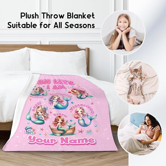Personalized Mermaid Blanket for Girls, Custom Name Gift, God Says I Am Blanket, Cute Fleece Fuzzy Throw, 30"x40"