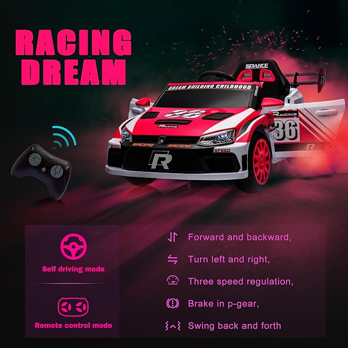 Kids Ride on Car with Parent Remote Control,12V Battery Powered Electric Vehicles for Kids Ages 3-8,Powerful Motor 3-Speed Sports Car Ride-on Toys w/Music,LED Lights,Suspension System (Pink)