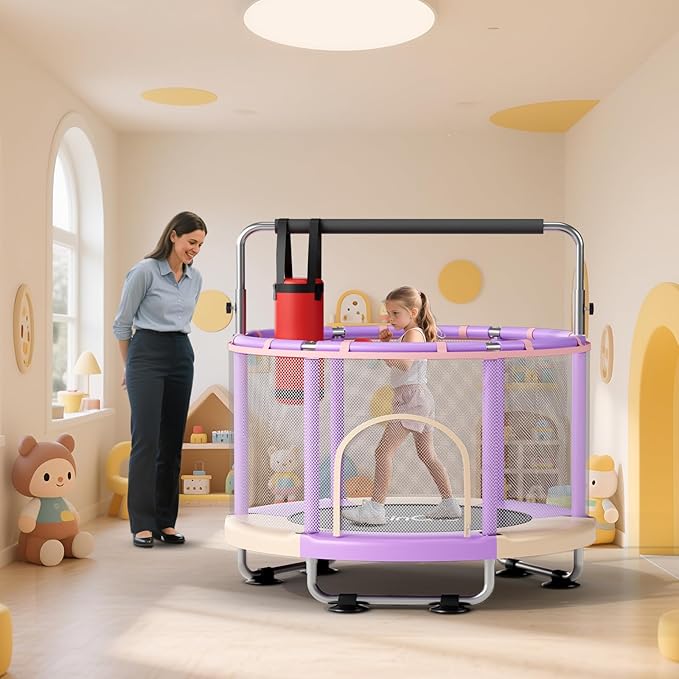 55" Toddler Mini Trampoline for Kids, Indoor Outdoor Toys with Swing, 440lbs Baby Kids Trampoline, Gymnastics Bar, Birthday Gifts for Boy Girl Age 1-8