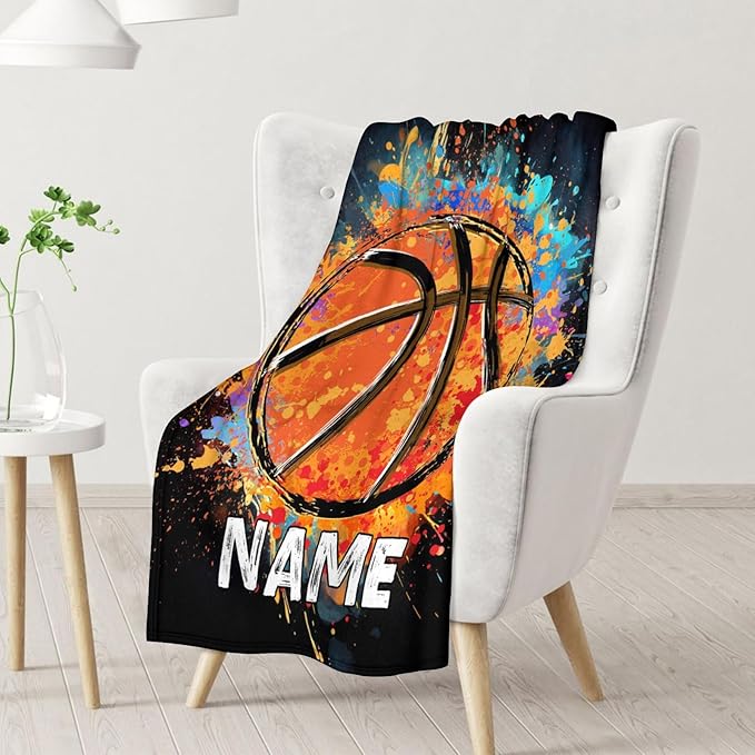 Personalized Basketball Blanket Gifts with Name, 50x40 Inches Sports Throw Blanket for Basketball Lover Kids Teens, Black Soft Fuzzy Blankets for Couch Sofa Bed