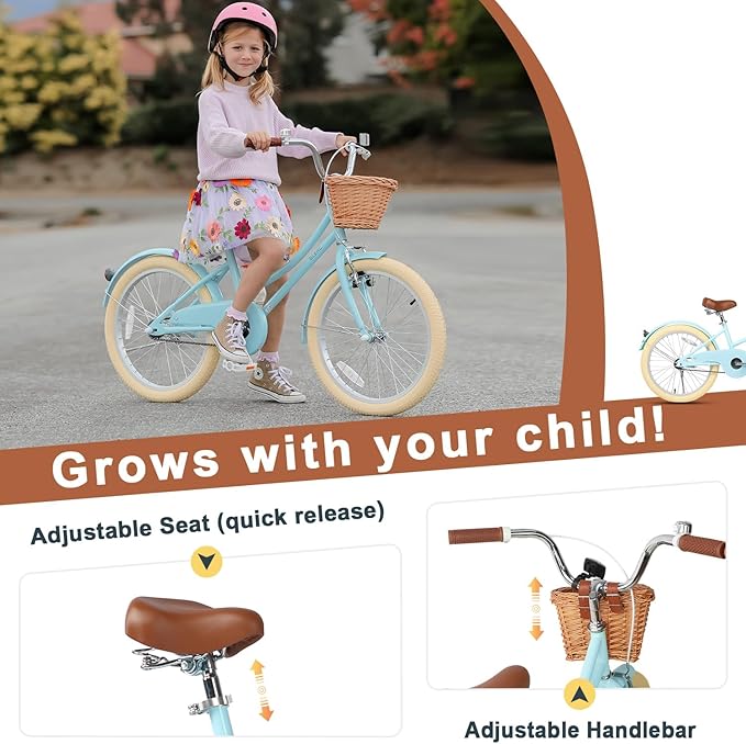 Glerc Little Molly 12-20 Inch Kids Retro Cruiser Bike for 2-13 Year Old with Wicker Basket & Training Wheels/Kickstand, Multiple Colors