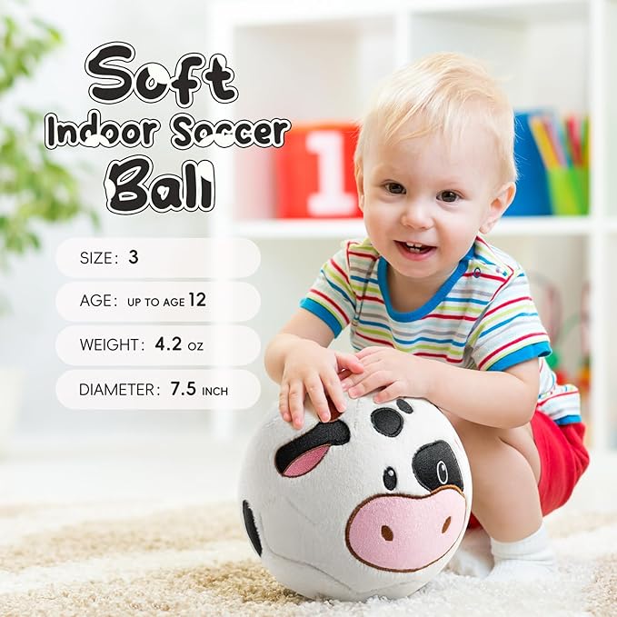Silent Indoor Soccer Balls for Toddlers 1-3, Inflatable Soft Plush Baby Toddler Soccer Ball Toys Gifts for Kid 3-5 Year Old Boy Girl First Birthday Gift (Cow, Pump Include)