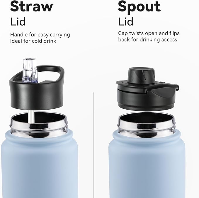 24oz Insulated Water Bottle with Straw Lid, Stainless Steel Metal Water Bottle with Straw & Wide Mouth Lid, Double Wall Vacuum Water Bottle for Hiking Camping, Light Blue 1 Pack