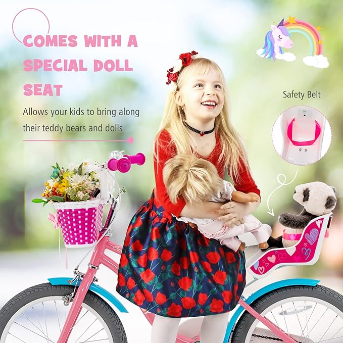 BABY JOY Kids Bike, 12 14 16 18 Inch Children Bicycle w/Detachable Training Wheels, Storage Basket, Adjustable Seat & Handlebar, Bow or Streamer, Girls Bike for 3-8 Years Old